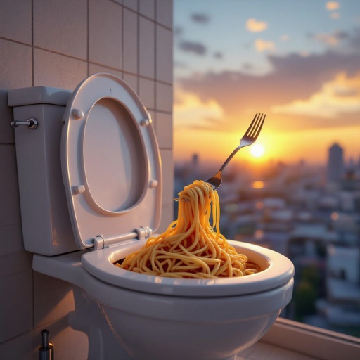 Toilet with human face 2 white hand with spaghetti hair spaghetti in side toilet bowl with fork in city