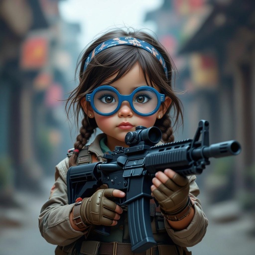 Una bambina con gli occhiali blu è un mitra in mano con un vestito da bandito