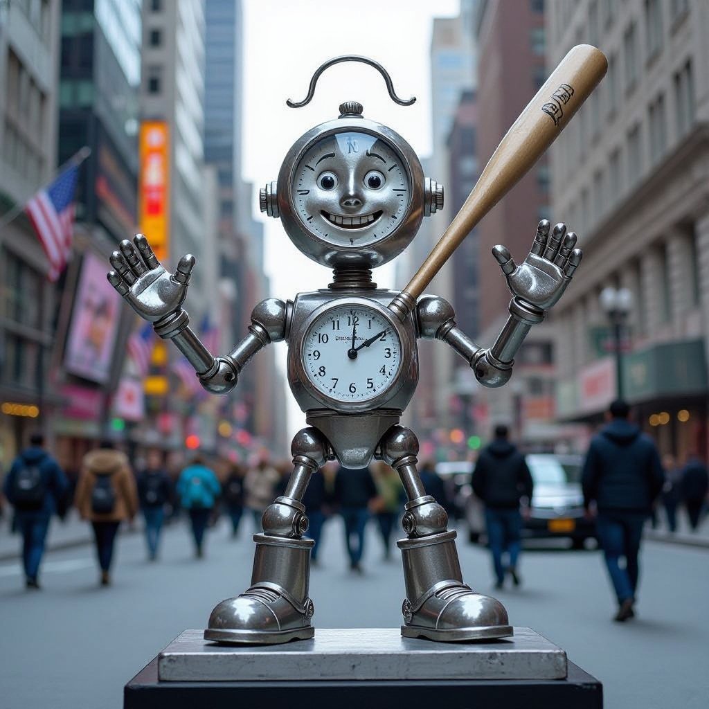 Silver clock with human face 2 silver 2 silver leg with silver baseball bat in city