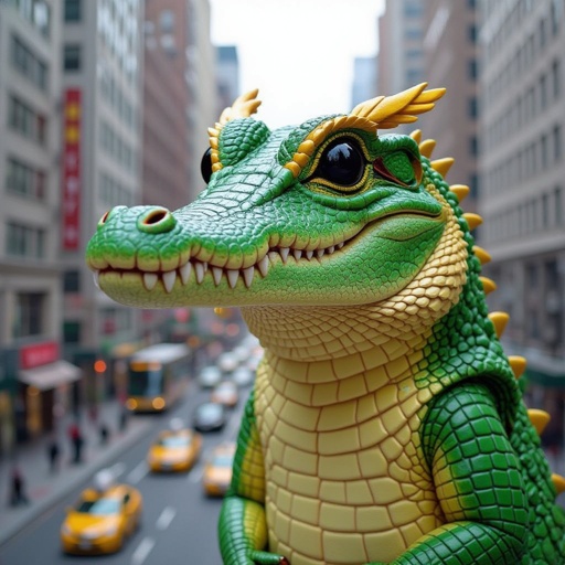 Crocodile with owl body in city