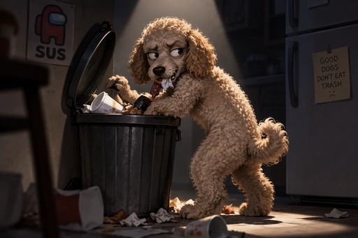 Curly dog rummages through a trash can in a dim room, with a SUS icon above.