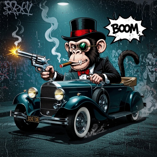 Scimmia che ha una revolver e fuma un sigaro con monocolo e cappello d’epoca che guida un auto d’epoca in un posto con luci fioche
