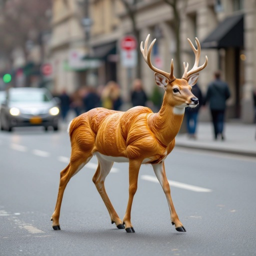Deer with croissant body 4 deer leg in city