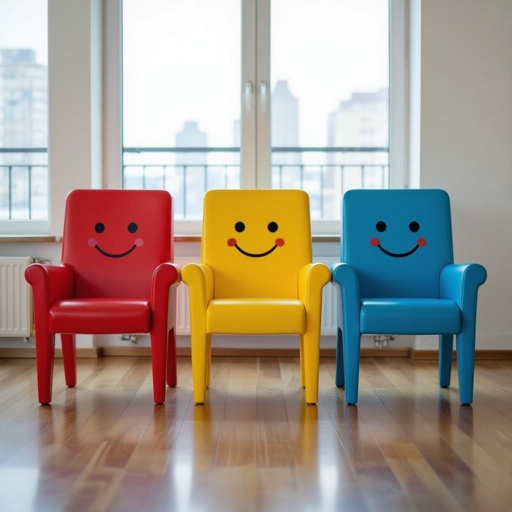 Three chairs with faces next to each other