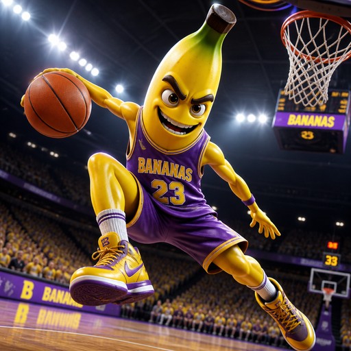 Animated banana basketball player dribbling in a brightly lit arena.
