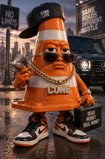 Surreal orange traffic cone character in streetwear poses in a rainy city, meme style.