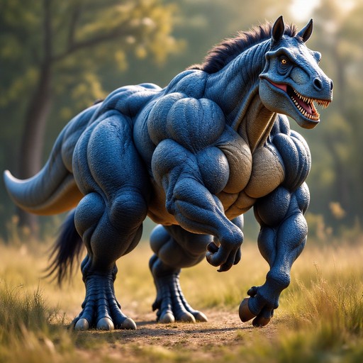Muscular blue dragon-like horse standing in a sunlit forest clearing