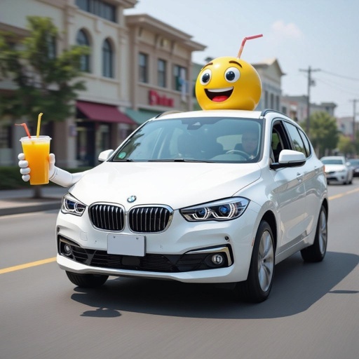 A car whit a face and arms holding a drink