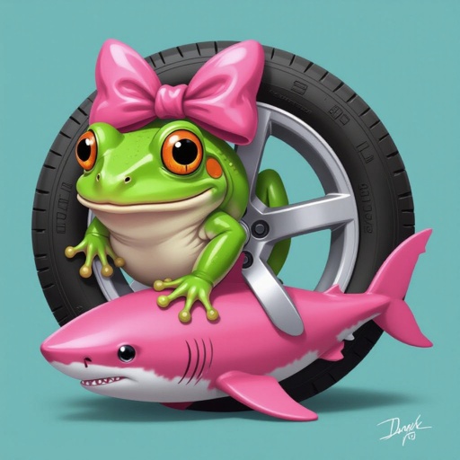 Una rueda de neumático con una cabeza de rana con un lazo rosa y una cola de tiburón de color rosa fusionado