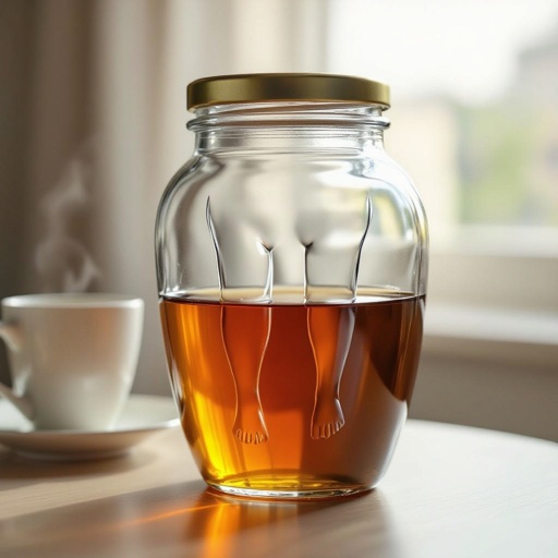 Barattolo di miele e tazza di caffè con gambe e faccia 