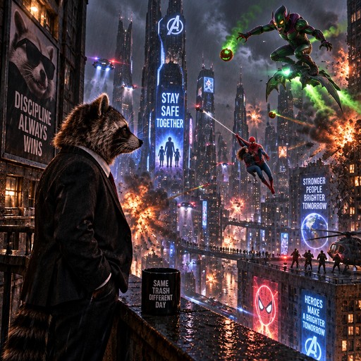 A masked figure overlooks a neon-lit futuristic city amid explosions and superheroes.