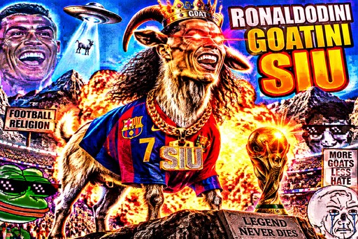 Colorful collage featuring a soccer player in a Barcelona jersey amid flames and meme text.