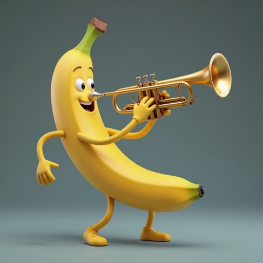 Banana con braccia e gambe che suona una tromba 