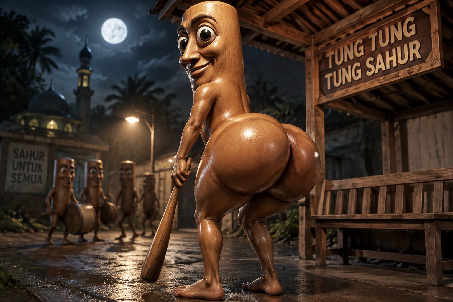 3D cartoon statue-like figure in a moonlit wooden village with a sign reading “Tung Tung Tung Sahur”
