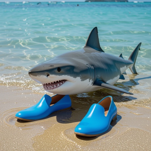 Shark wearing 3 blue shoes