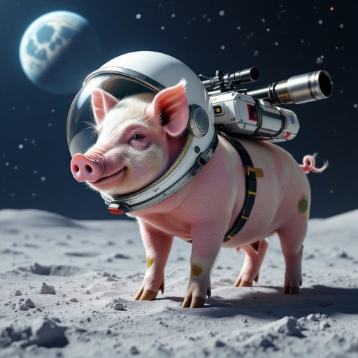 a pig on the moon with an astronaut helmet and a rocket launcher on his back