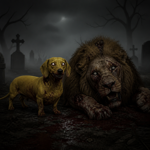 Dachshund con il pelo giallo con accanto un leone
