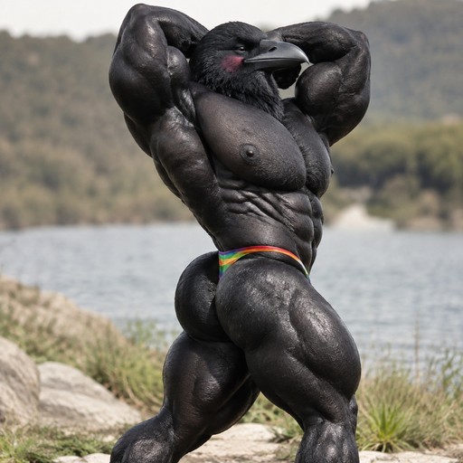 Black muscular cartoon creature posing outdoors by a lake, with rainbow-striped waistband.