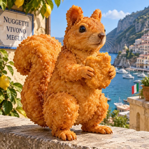 Fluffy orange squirrel posing by a seaside village with mountains and a humorous sign