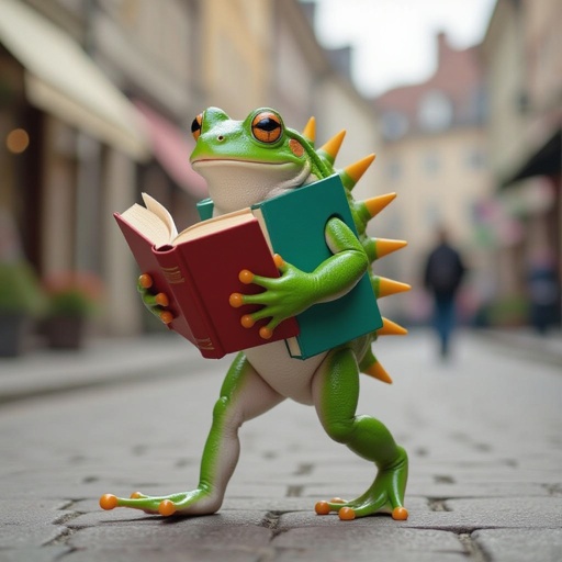 A frog that has a body as a book and walk around town