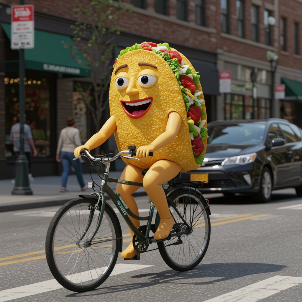 Taco with human face 2 tan arm 2 tan leg ride bicycle in city