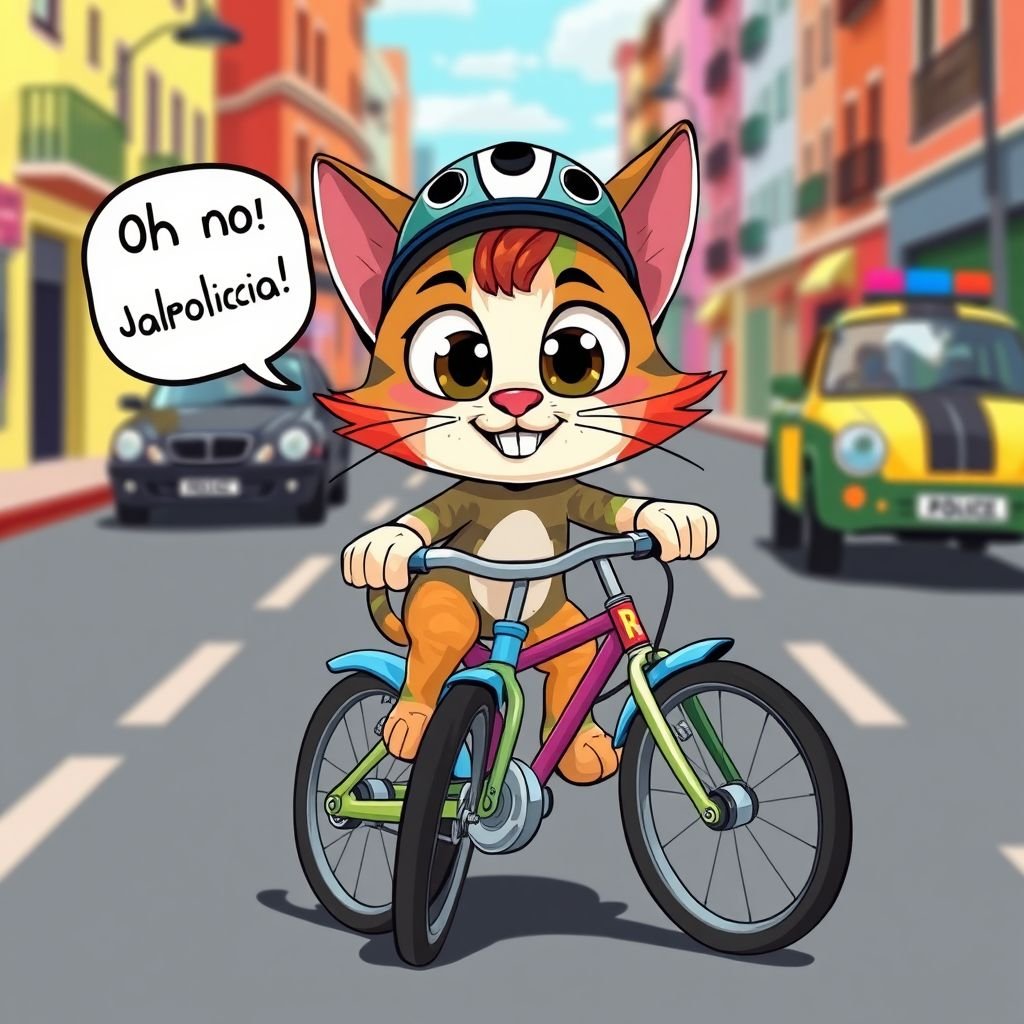 Cat ride a bike and say oh no la policia
