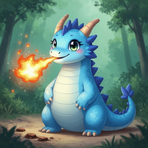 Un drago fatto di Marshmallow blu e gentile sputa cioccolata al posto del fuoco