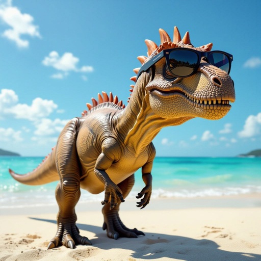 Dinosaurus have sun glasses in his eye and he is in the beatch