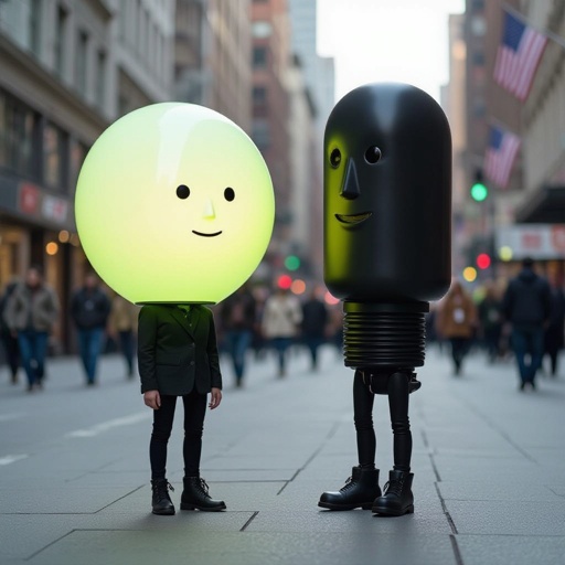 Light ball with human face 2 human leg and plug with human face 2 human leg in city