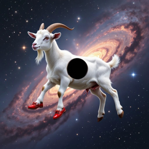 Goat with black hole body 2 goat leg with wear red shoes in space