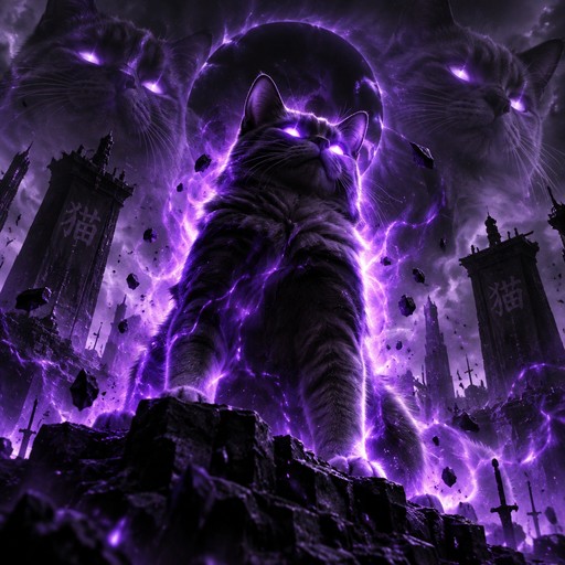 Purple lightning surrounds a towering dark creature among ruined gothic towers.