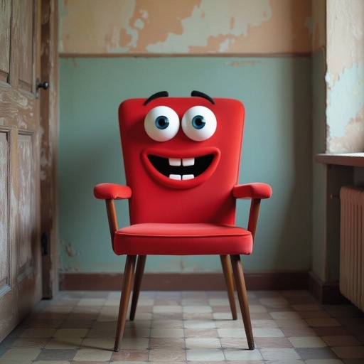 Red chair with a eyes and a mouth 