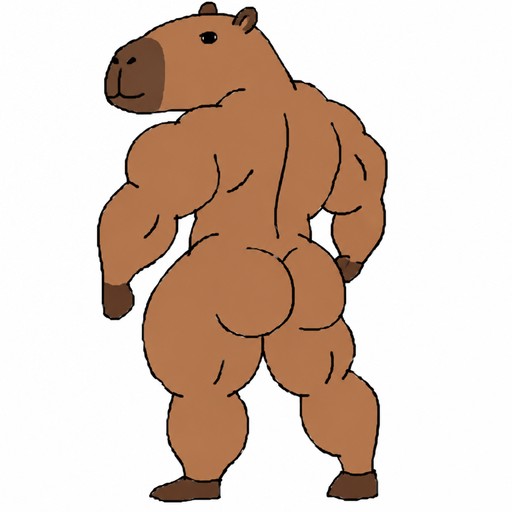 Cartoon brown capybara standing upright with muscular pose and arms flexed.