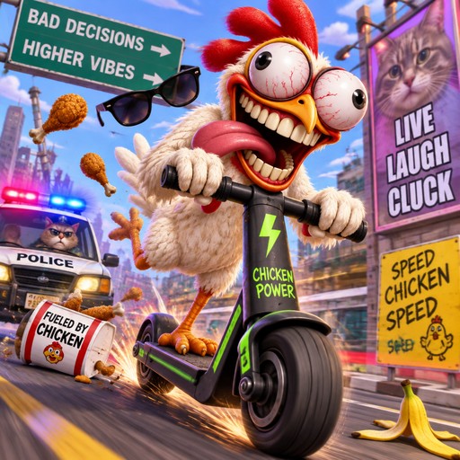Cartoon chicken riding an electric scooter through a colorful, chaotic street scene