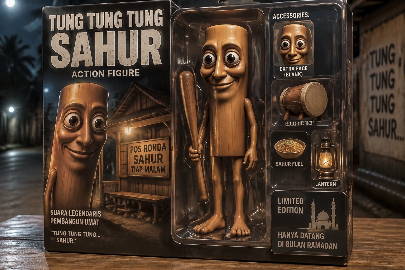 Cartoon chocolate figures in a dark boxed action figure set labeled “Tung Tung Tung Sahur”