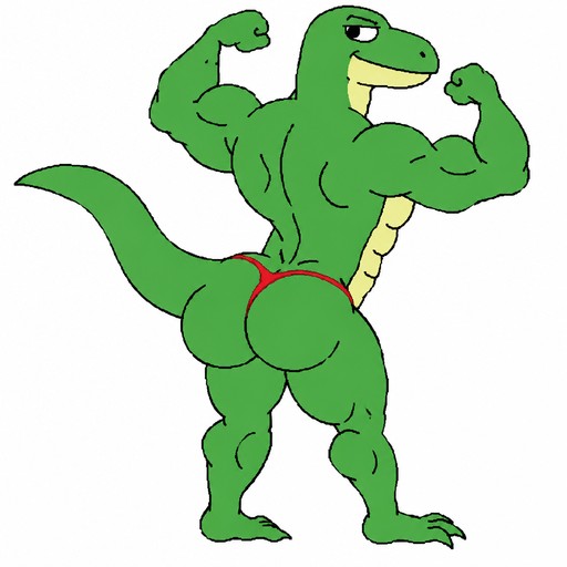 Cartoon green dinosaur flexing with its back turned.
