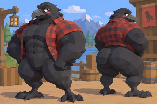 Two stylized dark creatures in red plaid shirts standing outdoors.