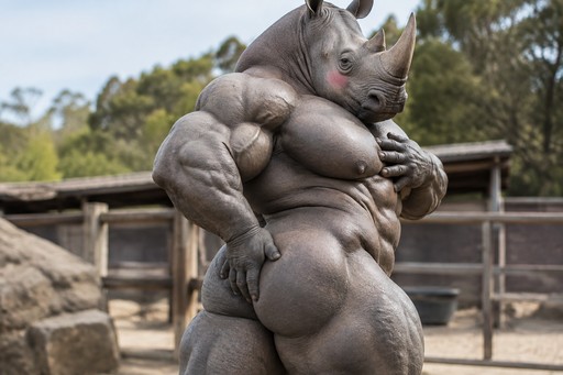 Stylized muscular rhinoceros-like creature standing outdoors in a zoo enclosure.