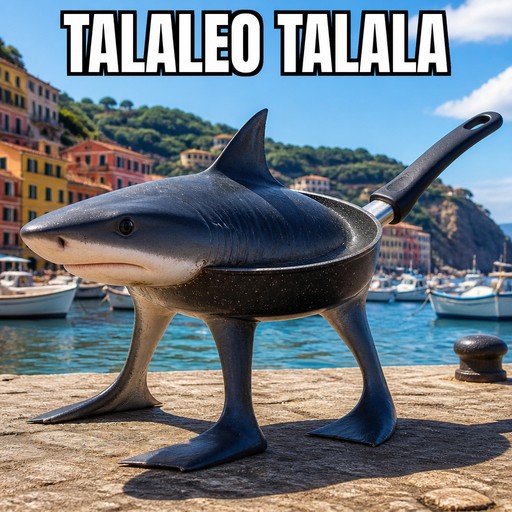 Surreal shark-shaped pan standing on a sunny waterfront promenade.