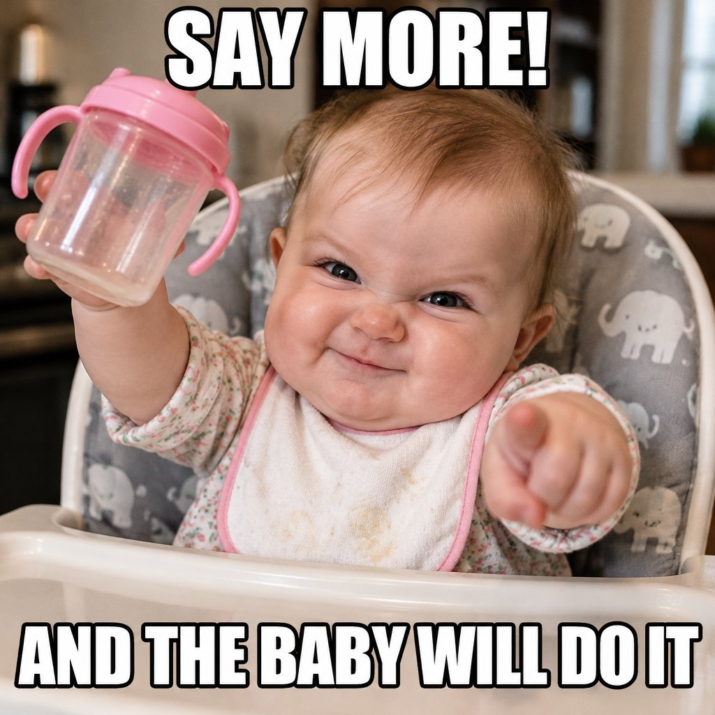 Smiling baby holding a pink cup with bold white meme text over a photo