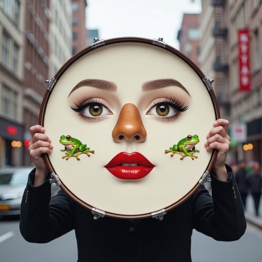Drum 2 human eye brown nose 1 lip 2 frog leg in city