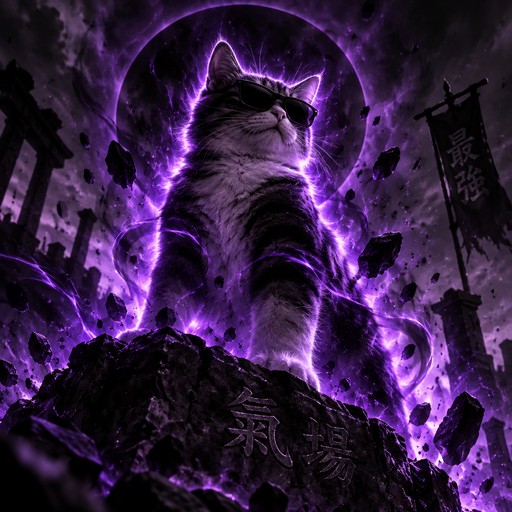 A cat surrounded by glowing purple energy in a dramatic fantasy scene