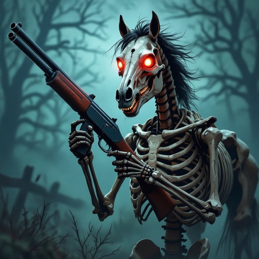 Un cavalo scheletro con un fucile