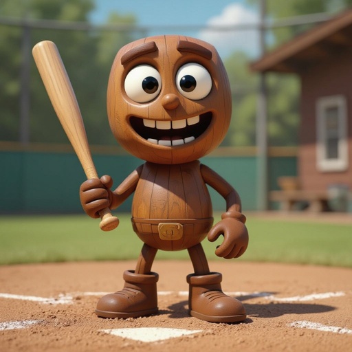 A Wood whit a face and arms and legs holding a bat 