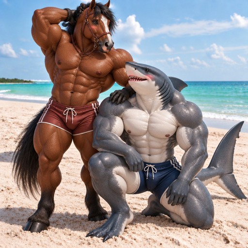 Muscular humanoid shark and horse-headed figure posing on a tropical beach.