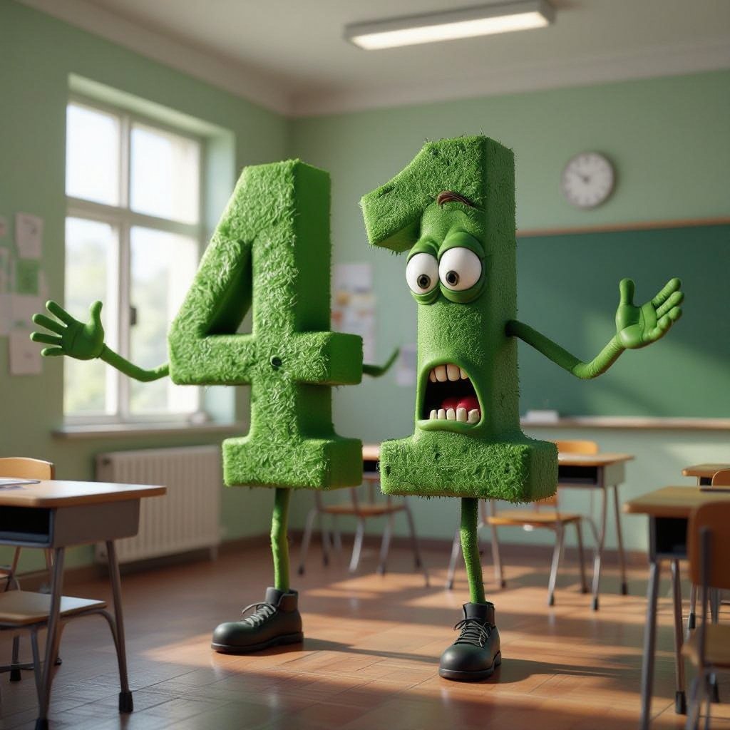 The number 41 is green and have cartoon arms and a mouth and cartoon legs and is is looking evil and he is in the classroom