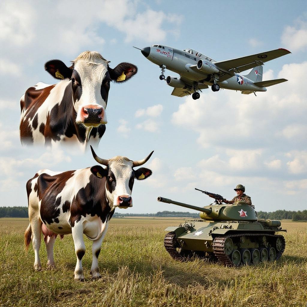 A cow and a man and a car and a jet and a gun and a tank and ww2