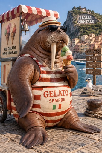 Cartoon walrus eating gelato beside a colorful Italian street stand.