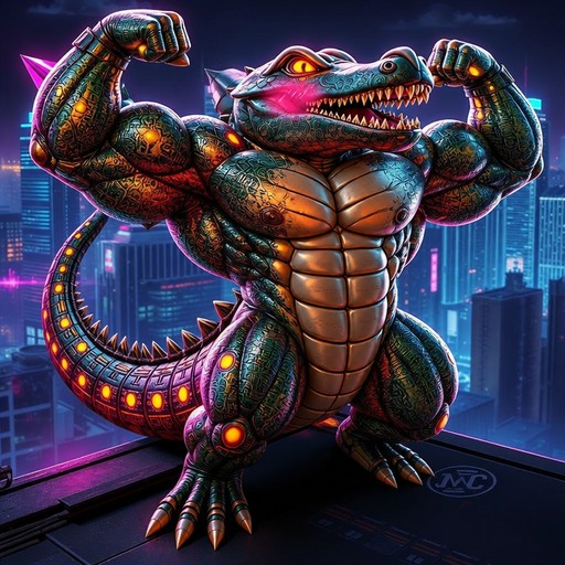 Colorful digital art of a muscular dragon-like creature flexing in a futuristic neon city.