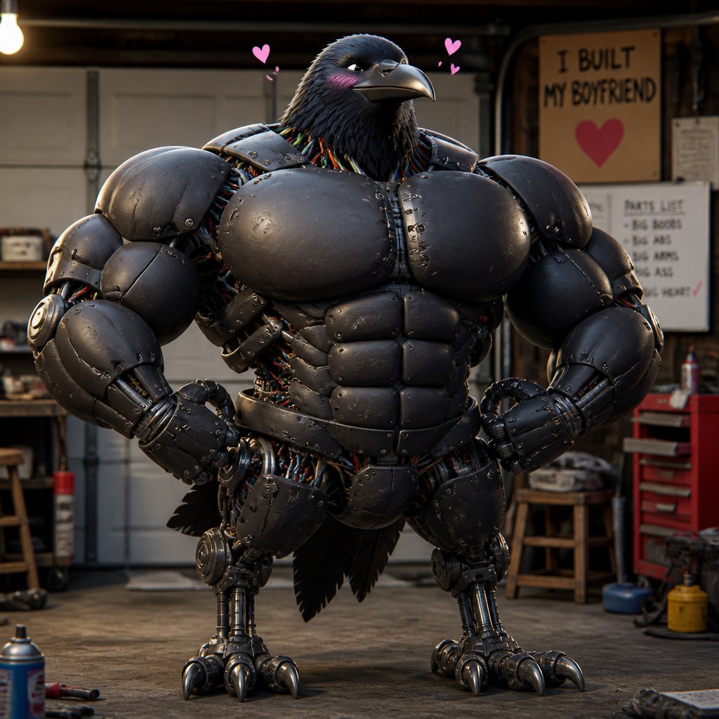 Armored anthropomorphic bird standing in a workshop, rendered in dark metallic tones.